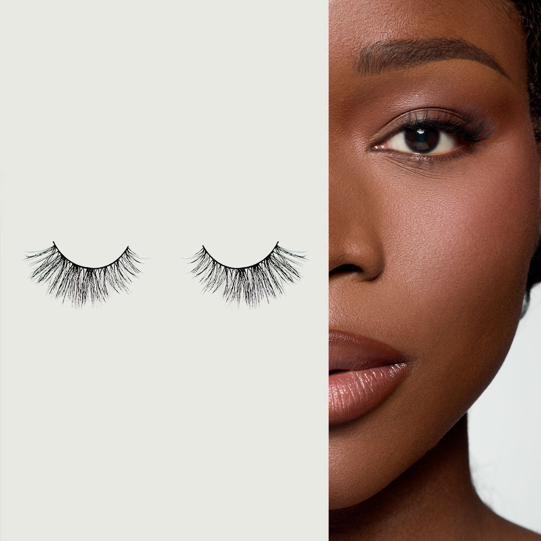 Before and after wearing Lybre Lashes No. 10 end lash from the Algo Natural Collection — wispy outer corner lift