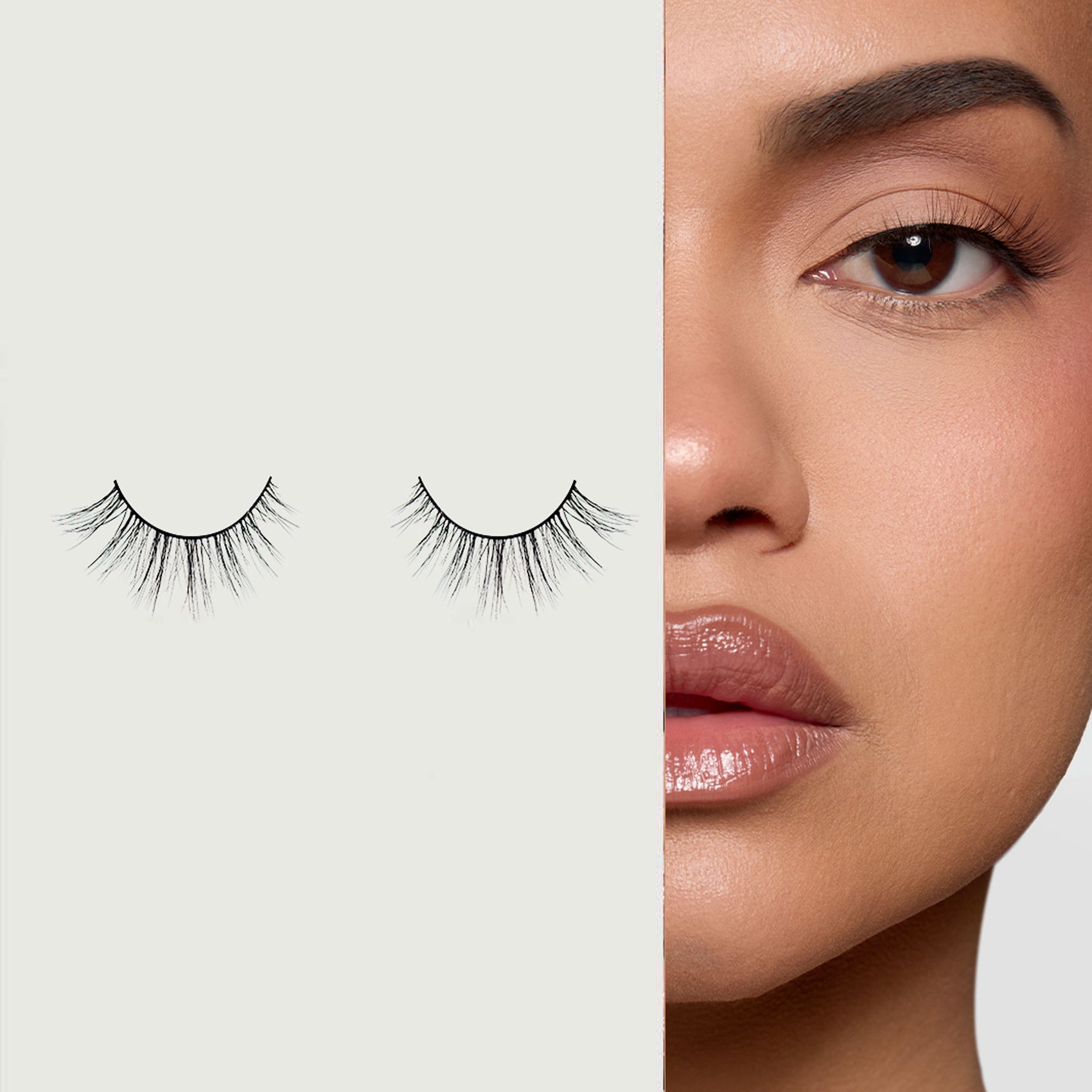 Before and after wearing Lybre Lashes No. 7 from the Algo Natural Collection — ultra natural lash with subtle flare
