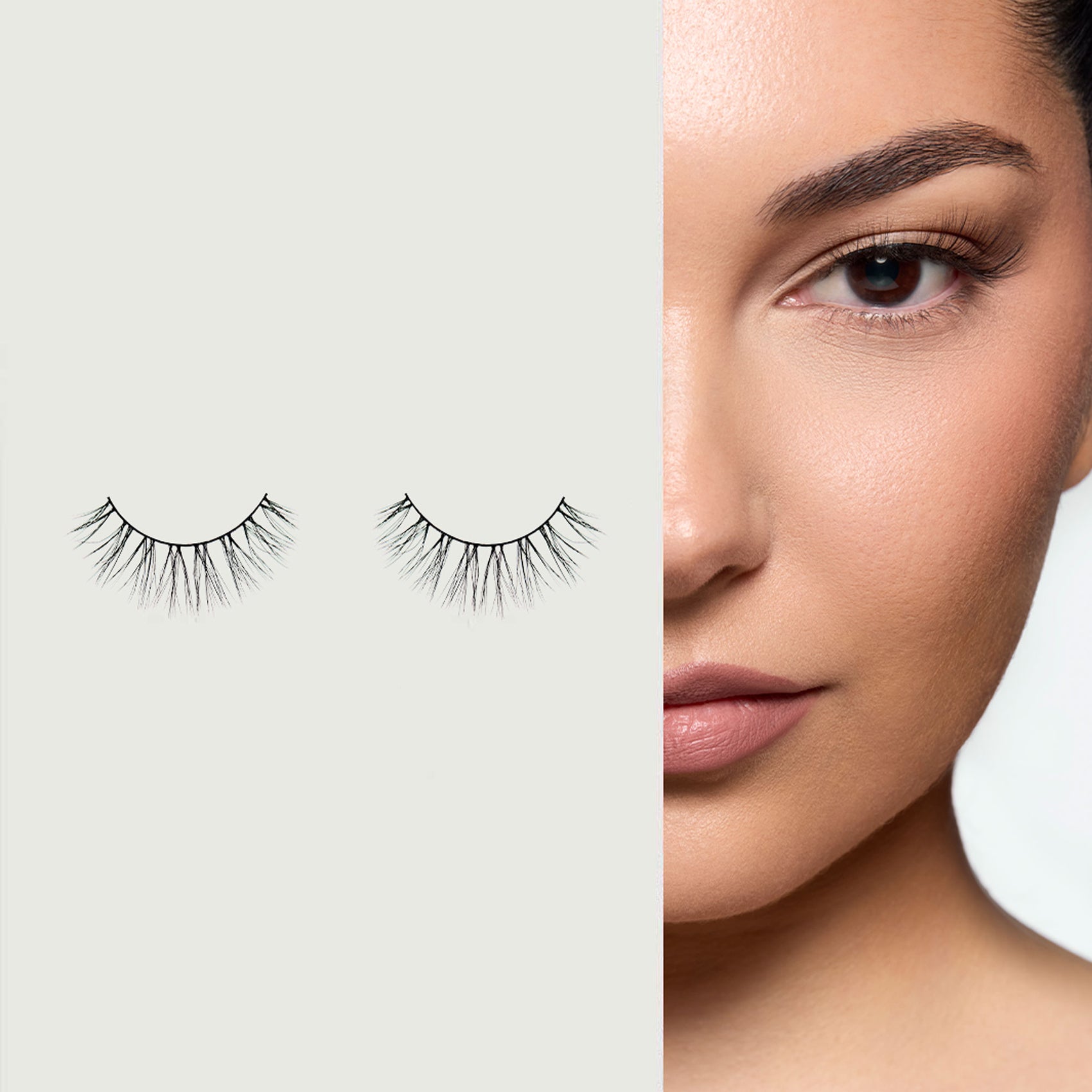 Before and after wearing Lybre Lashes No. 9 from the Algo Natural Collection — natural cluster lash on model